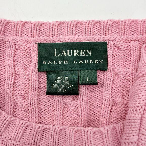 Lauren Ralph Lauren Pink Cable Knit Sweater Cotton RL Logo L Barbiecore Preppy - Picture 5 of 6